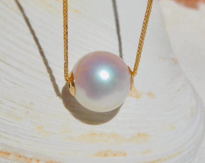 10.8mm White Floating Pearl Necklace | AAA+ | Dainty | Solid 18k Gold Pin-end Chain | Freshwater Pearl | Round | Adjustable | Super Luster