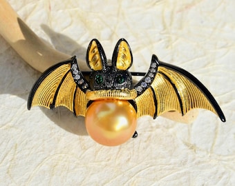 Golden South Sea Pearl Bat Brooch/Pendant: Rhodium Plated Sterling Silver, Convertible Pearl Bat Jewelry, 10.2mm