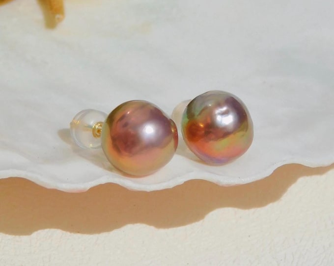 Kasumi-like Pearl Studs | Mauve Golden Pistachio | Solid 18K Gold | 9mm | AAA+ | Freshwater Pearls | Super Metallic | Baroque Pearls