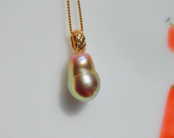 Super Metallic Kasumi-like Pearl Pendant | Small Pearl Pendant | Mauve Gold Pistachio | 9.2mm | Solid 18K Gold Bail | Au750 | Baroque Pearl