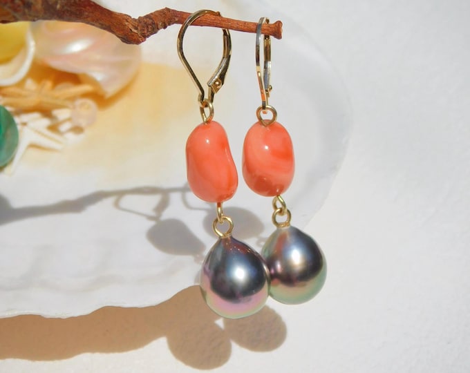 Pink Orange Coral Tahitian Pearl Earrings | Solid 18K Gold Lever Back | Gemstone and Pearl | Aubergine Peacock | AAA | 11mm | Drop Earrings
