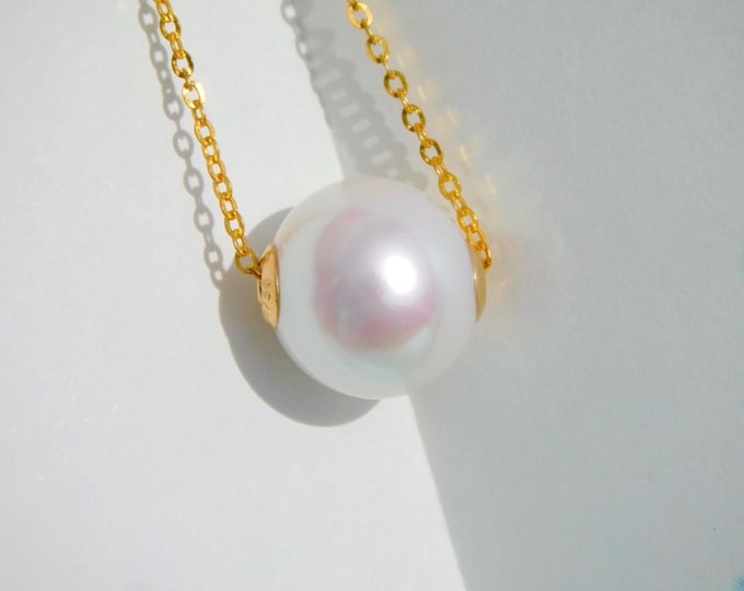 11.7mm White Floating Pearl Necklace | AAA | Dainty | Solid 18kt Yellow Gold Pin-end Chain | Freshwater Pearl | Round | Adjustable