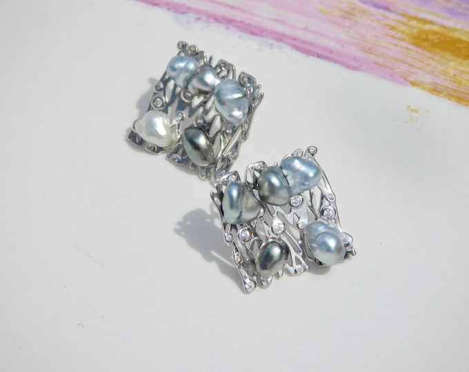 Multi Tahitian Keshi Pearl Stud Earrings | Gray | Square Earrings | 17 *17mm | Tahitian Pearls | AAA | Baroque Pearls | Silver | S925