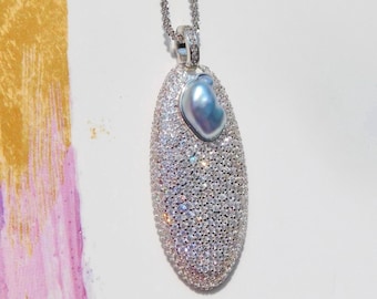 Tahitian Keshi Pearl Pendant: White Gold over Sterling Silver, Gray Baroque Pearl