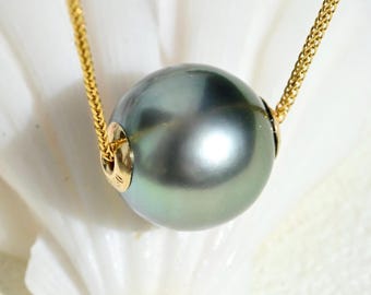 10.8mm Floating Tahitian Pearl Necklace: Solid 18K Gold Pin-End Chain, Green Gray, AAA
