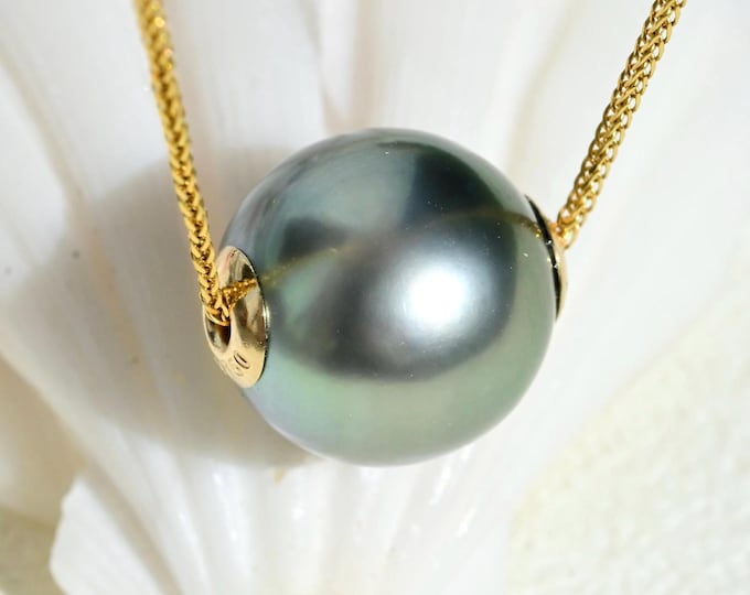 10.8mm Floating Tahitian Pearl Necklace: Solid 18K Gold Pin-End Chain, Green Gray, AAA