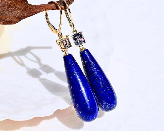 30mm Lapis Lazuli & Gray Purple Spinel Earrings: Solid 14K Gold Convertible Lever back, Long Blue Gemstone, AAA