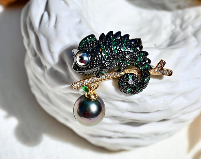 Tahitian Pearl Chameleon Brooch: Sterling Silver Animal Pin Pendant