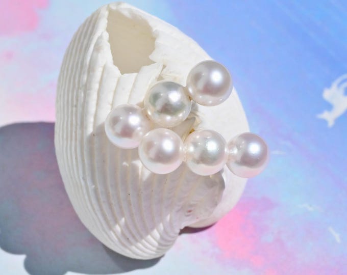 Pearl Bar Stud Earrings: Solid 18K Gold, 6mm, AAA, Three Akoya Pearls, White Saltwater Pearls