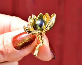 Tahitian Pearl Lotus Flower Brooch: Gold Plated Over Sterling Silver, S925, Peacock, AAA