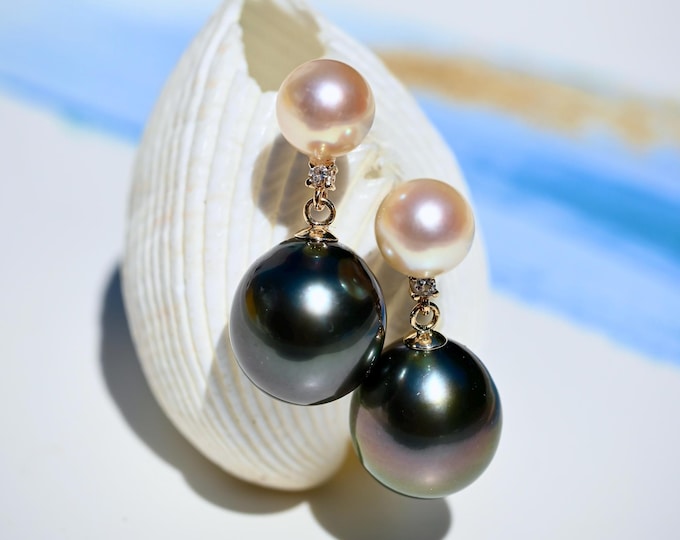 Akoya & Tahitian Pearl Drop Earrings: 18k Gold, Natural Diamonds