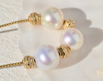 White Freshwater Pearl Necklace: Three Pearl Design, Gold Filled Chain, Adjustable 16 -18 Inches, 11-11.3mm
