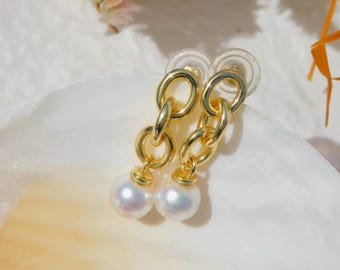 Vermeil Akoya Pearl Earrings | Three Rings | 8.6mm | AAA | Long Drop Earrings | Japanese Saltwater Pearl | Gold Plated Silver | White