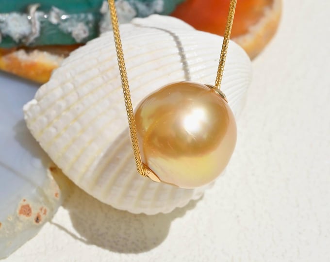 Floating Golden South Sea Pearl Necklace: 15.7mm, Deep Golden, Solid 18K Gold Chain