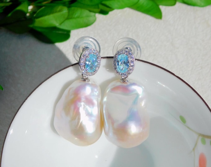Blue CZ with Large Baroque Pearl Earrings | 17*23*15mm | Sterling Silver |  AAA+ | Statement Earrings | Fireball Pearls | Blue | White
