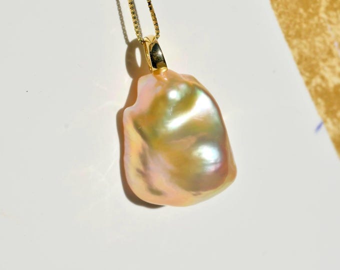 Baroque Freshwater Pearl Pendant: Coral Pistachio Golden, Solid 18K Gold Bail, 18mm *23mm, AAA+, Big Pearl Pendant
