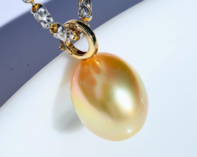 11mm Deep Golden South Sea Pearl Enhancer Pendant: Iridescent Pearl, Solid 18K Gold, AAA+