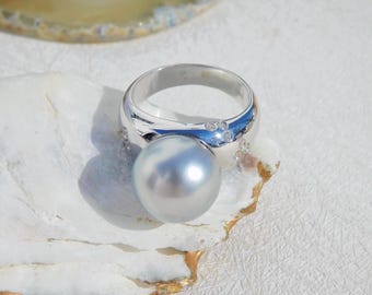 12.7mm Light Silver Tahitian Pearl Ring | AAA | Sterling Silver | Near Round | Size 7 US | South Sea Pearl | White Gold Plated | Chunky Ring