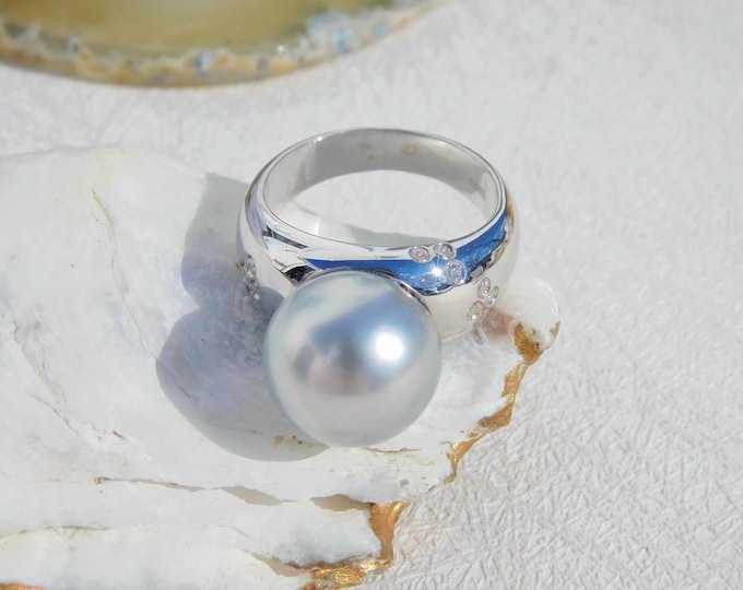 12.7mm Light Silver Tahitian Pearl Ring | AAA | Sterling Silver | Near Round | Size 7 US | South Sea Pearl | White Gold Plated | Chunky Ring