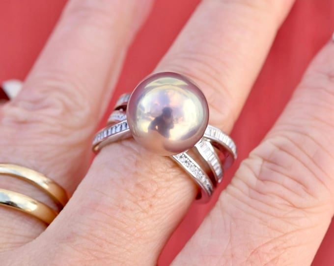 13.5mm Super Metallic Freshwater Pearl Ring: White Gold Sterling Silver, Layered Ring, AAA+, 8 3/4 US Size