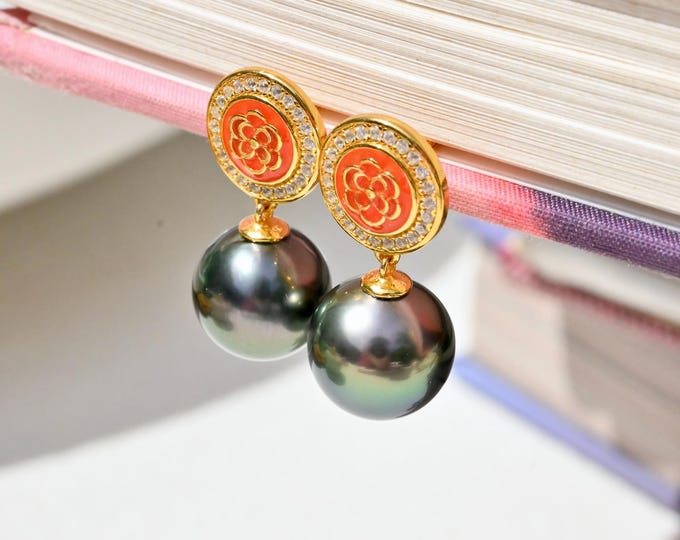 Vermeil Tahitian Pearl Earrings: 9.8mm, Peacock, AAA, Orange-red Enamel Rose