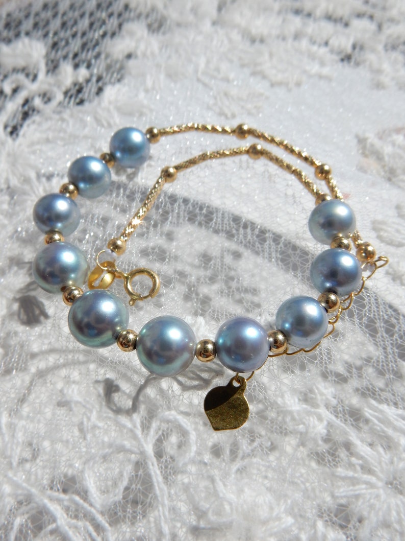Akoya Pearl Bracelet Saltwater Pearls Japanese Pearl 18K Gold Tube Bracelet Ready to Ship Silver Blue Grey