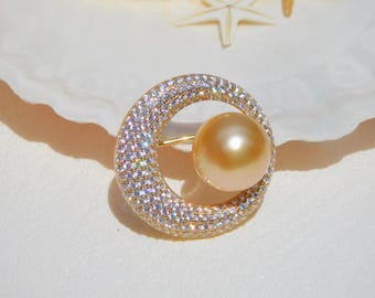 S925 Cluster Golden South Sea Pearl Brooch/Pin | Gold Over Sterling Silver | AA+ | 14mm | Golden Pearl | Cluster Pin | Round | Saltwater