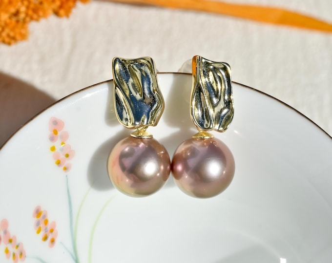 Mauve Pink Freshwater Pearl Earrings: 11.6mm, AAA+, Gold Over Silver, Drop Earrings