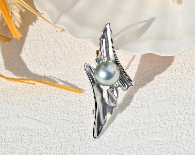 Tahitian Pearl Brooch/Pendant: Gray, 9.3mm, AAA+, Abstract Matte Finish, S925 Silver