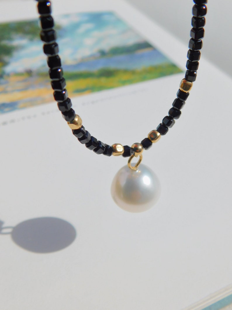 Black Spinel White South Sea Pearl Necklace 13.2mm Solid 18kt Gold White Australian Saltwater Pearl Gemstone and Pearl 17.25'' image 1
