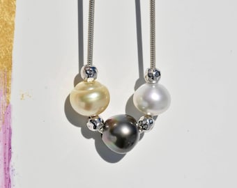 Three South Sea Pearl Chain Necklace: 21-inch, Sterling Silver, AAA, 13mm+