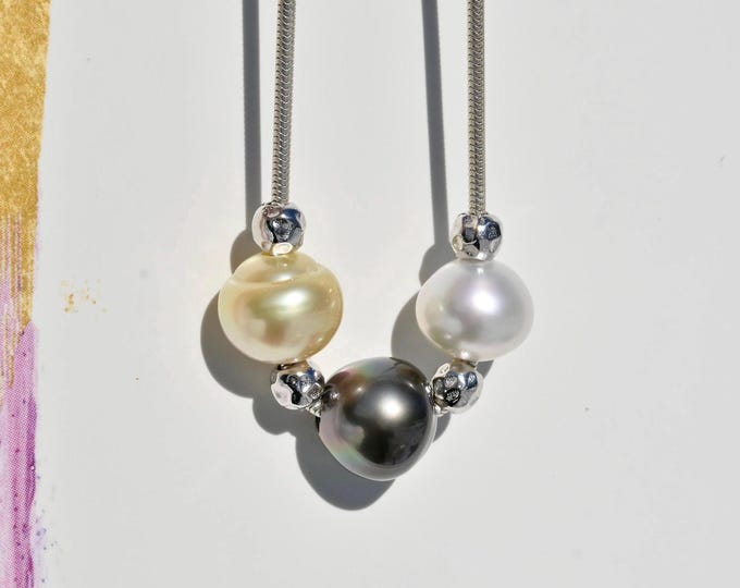 Three South Sea Pearl Chain Necklace: 21-inch, Sterling Silver, AAA, 13mm+
