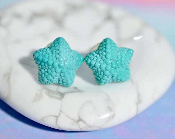10mm Turquoise Starfish Studs: Solid 18K Gold, Authentic Blue-green, Hand-carved, Gemstone Studs