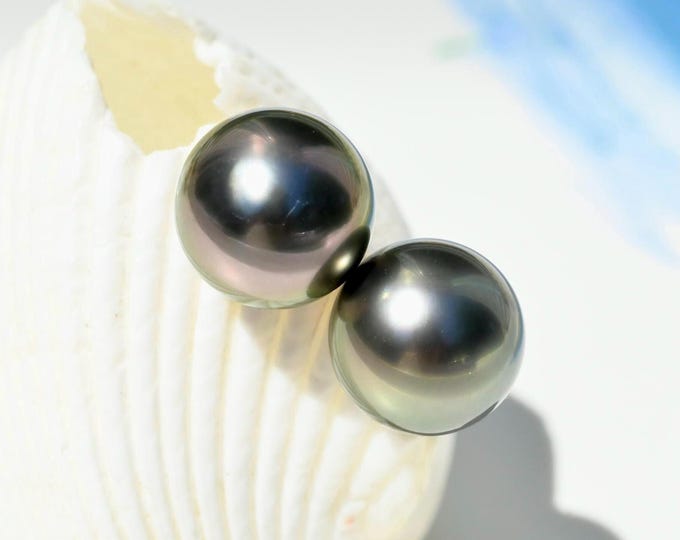 9.5mm Tahitian Pearl Studs: Dark Gray Green, AAA,  Solid 18K Gold Studs, Black Pearls