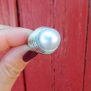 13.1mm White South Sea Pearl Sterling Silver Ring | AA+ | Size 6.25 US | Australian South Sea Pearl | Saltwater Pearl | White Gold Plated