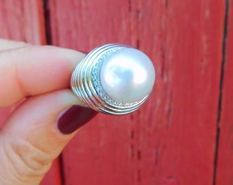 13.1mm White South Sea Pearl Sterling Silver Ring | AA+ | Size 6.25 US | Australian South Sea Pearl | Saltwater Pearl | White Gold Plated