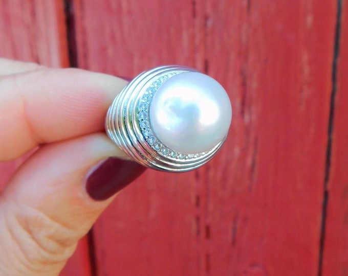 13.1mm White South Sea Pearl Sterling Silver Ring | AA+ | Size 6.25 US | Australian South Sea Pearl | Saltwater Pearl | White Gold Plated