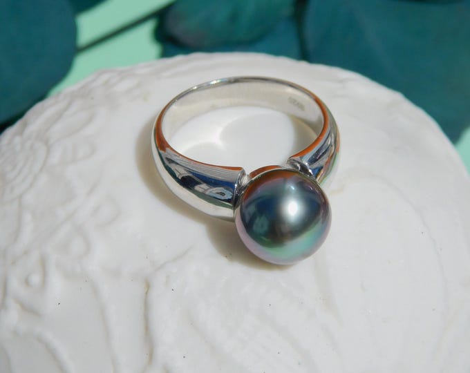 Tahitian Pearl Ring | Aubergine | 10.4mm | White Gold Plated Sterling Silver | 7.25 US | AAA | Black Pearl Ring | Simple Design Ring