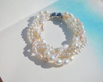Braided Freshwater Pearl Bracelet | Keshi Pearls | White | Multi-strand | Baroque Pearls | AAA+ | 5.5 to 6'' Wrist | Silver Magnetic Clasp