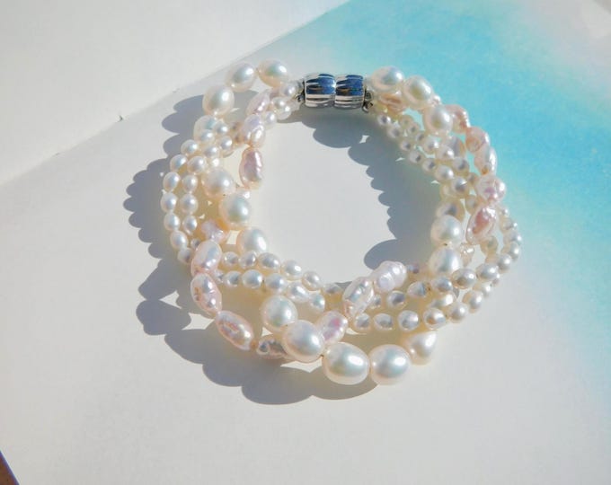 Braided Freshwater Pearl Bracelet | Keshi Pearls | White | Multi-strand | Baroque Pearls | AAA+ | 5.5 to 6'' Wrist | Silver Magnetic Clasp