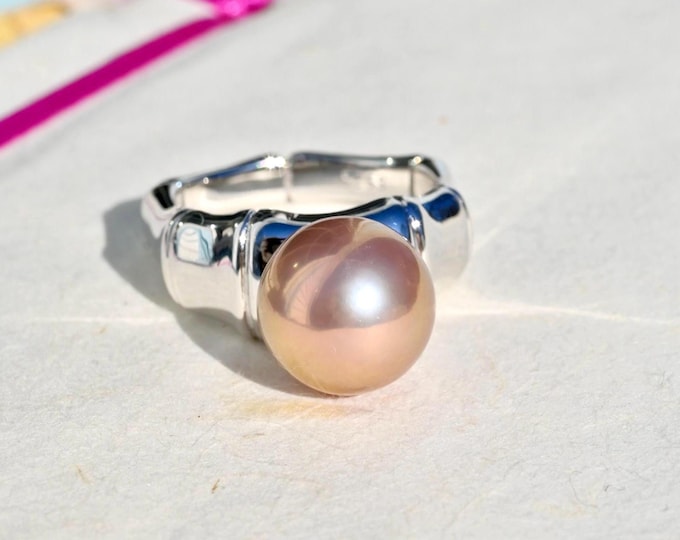 12.2mm Super Metallic Freshwater Pearl Ring: White Gold Sterling Silver, AAA+, 8 3/4 US Size, Pink