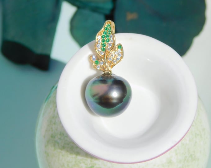 12.8mm Very Peacock Tahitian Pearl Pendant l Radish | Solid 14kt Leaf Pendant | Green CZ Leaf Bail | AAA | Single Pearl | Black Pearl