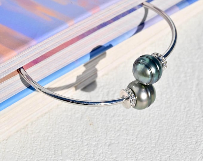 Dual Pearl Bypass Bangle: 2.3mm Round Sterling Silver Open Bangle, 6.25-6.5 inch Wrist Size, Tahitian Pearls