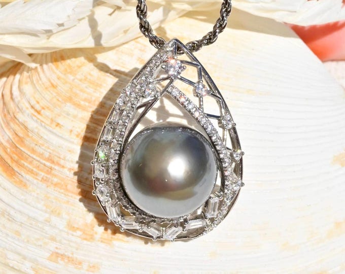 13.9mm Tahitian Pearl Pendant Necklace: Sterling Silver Teardrop Pendant, Adjustable 24 Inch Rope Chain