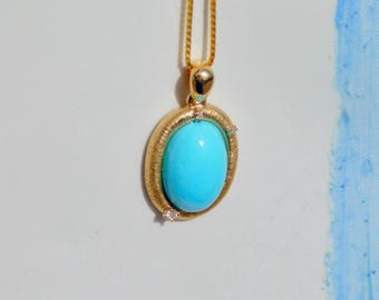 Sleeping Beauty Turquoise Pendant: Oval, Diamonds, 21*11mm, Solid 18k Gold, Authentic Blue Turquoise