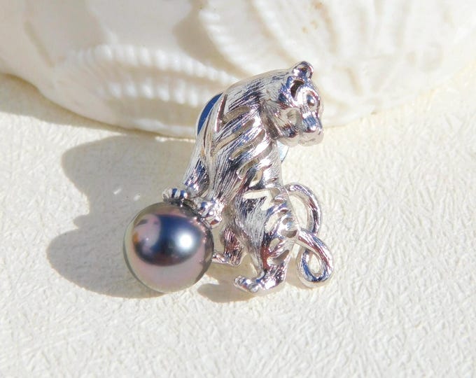 Sterling Silver Tiger Tahitian Pearl Pin | Tahitian Pearl Brooch | AAA |  Aubergine Green | 8.7mm | Animal Pin | S925 | South Sea Pearl