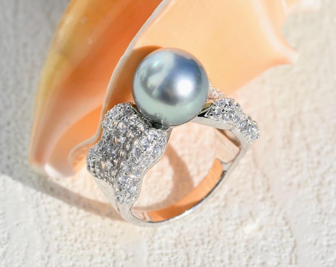 Ruffled Edge Cluster Tahitian Pearl Ring: Sky Blue, White Gold Plated Sterling Silver, AAA+, 6 3/4 US Size
