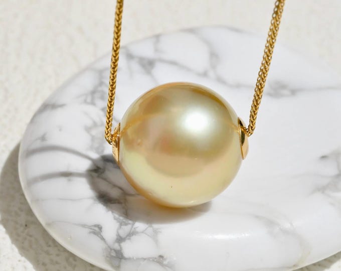 13mm Golden South Sea Pearl Floating Necklace: Solid 18K Gold Pin-end Chain, Minimalist