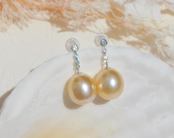 Light Golden South Sea Pearl Drop Earrings | Solid 18kt White Gold | South Sea Pearl Earrings |  AAA | Saltwater Pearls | 11.5mm | Au750