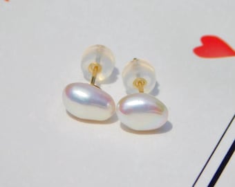 Small Freshwater Keshi Pearl Studs | Ultimate Luster | Solid 18k Gold Studs | Metallic White | 5 *8mm | Free formed Pearl | Small Studs
